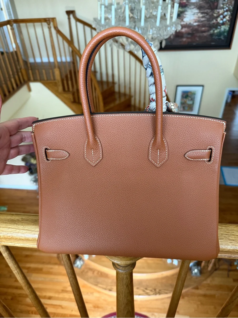 Pebbled Leather Togo  Top-Handle Satchel in gold on gold with Scarf accent 30CM
